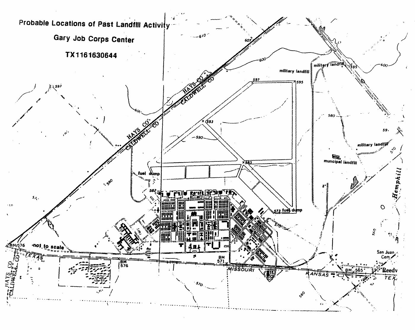 1995 EPA map showing probable locations of past landfill activity, including two military landfill sites and two fuel dumps