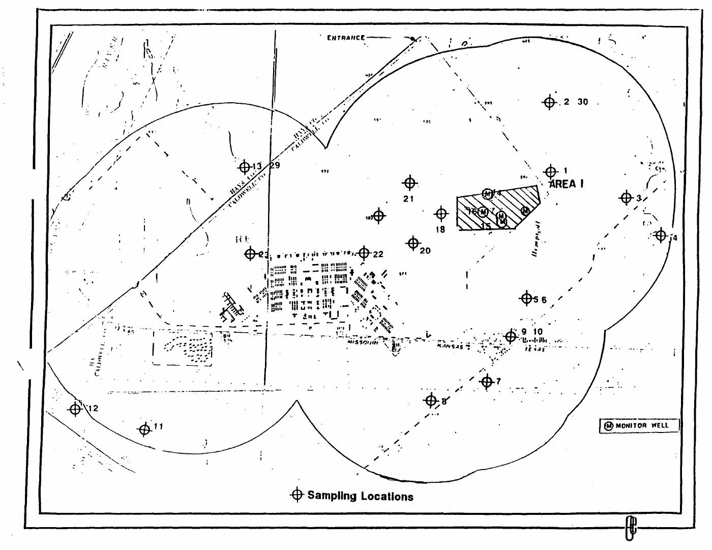 1995 EPA sampling locations map showing numbered sample points including the east and west fuel dump soil borings